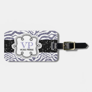 Cute Purple and White Faux Glitter Zebra ZigZag Luggage Tag