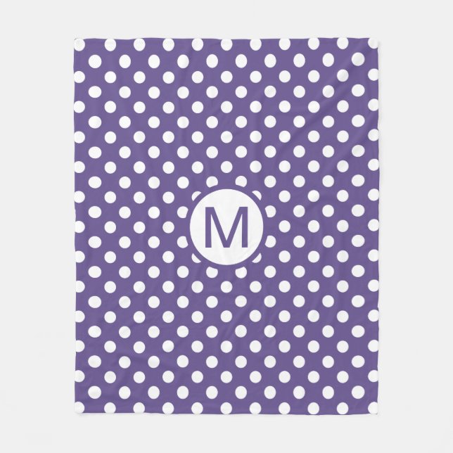 Cute Purple and White Polka Dots Monogram Fleece Blanket (Front)