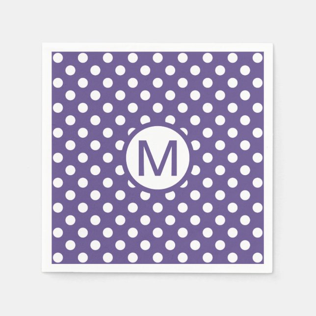 Cute Purple and White Polka Dots Monogram Party Napkin (Front)