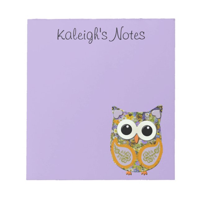 Cute Purple and Yellow Floral Owl Notepad (Front)