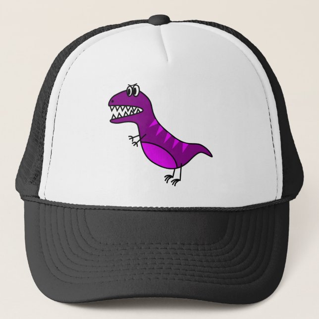 Cute purple angry cartoon dinosaur trucker hat (Front)
