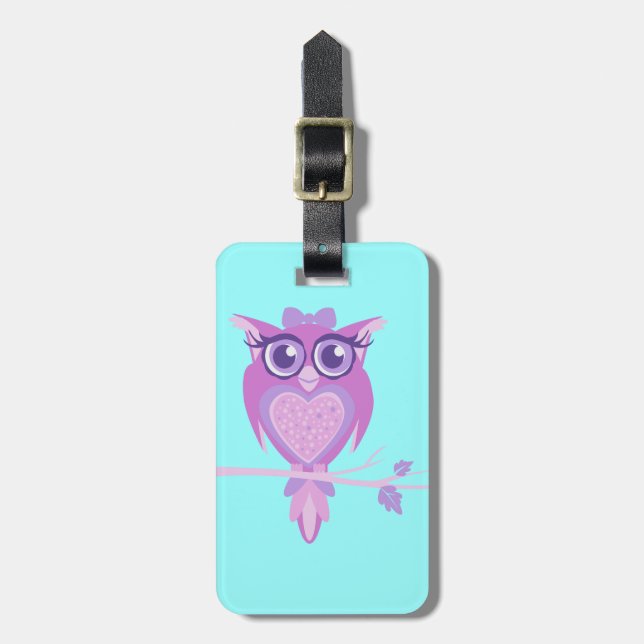 Cute purple aqua kids owl custom luggage tag (Front Vertical)