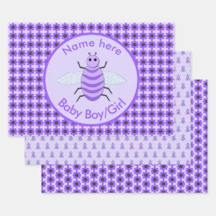 Cute Purple Baby Bee Gender Neutral Custom Wrapping Paper Sheet