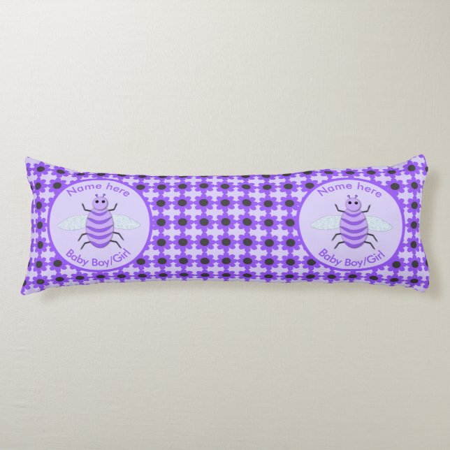 Cute Purple Baby Bee Gender Reveal Neutral Custom Body Cushion (Front)