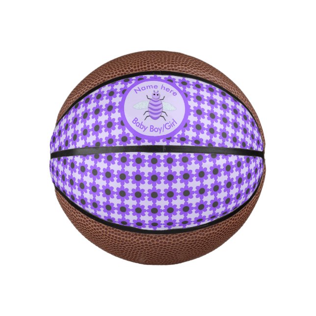 Cute Purple Baby Bee Gender Reveal Neutral Custom Mini Basketball (Front)