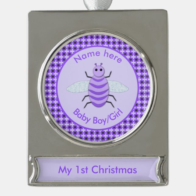 Cute Purple Baby Bee Neutral First Christmas Silver Plated Banner Ornament (Front)