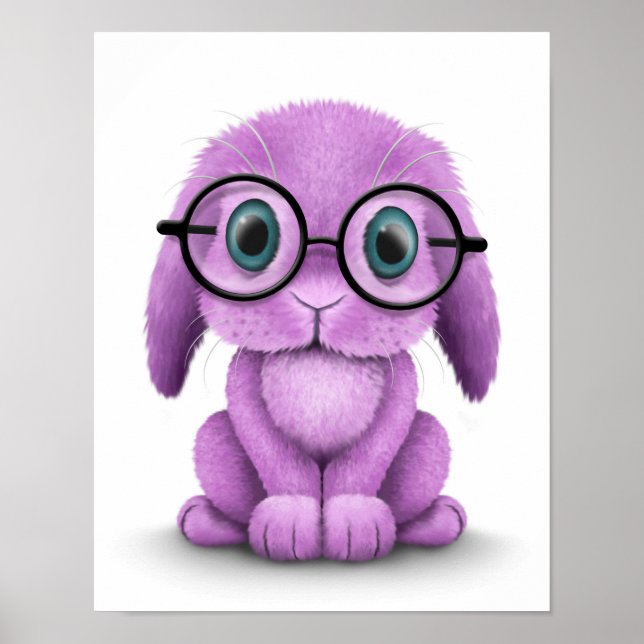 Cute Purple Baby Bunny Wearing Glasses on White Poster (Front)