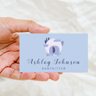 Cute Purple Baby Elephant Babysitting Theme Blue   Business Card