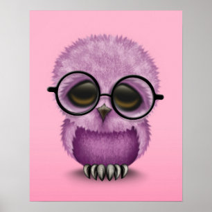 Cute Purple Baby Owl Wearing Glasses on Pink Poster