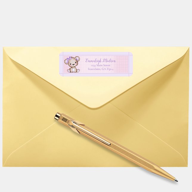 Cute Purple Bear Girl Baby Shower Return Address (Creator Uploaded)