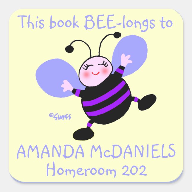 Cute Purple Bee Cartoon Art Book Sticker For Kids (Front)