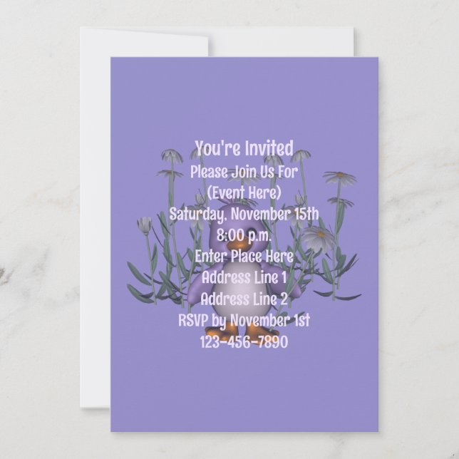 Cute Purple Bird Daisies Animal Party Invitation (Front)