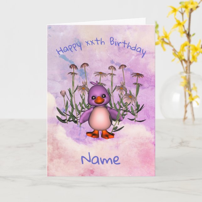 Cute Purple Bird Daisy Personalised Birthday Card (Yellow Flower)