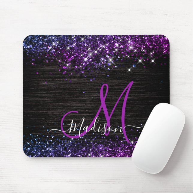 Cute purple black faux glitter monogram mouse mat (With Mouse)