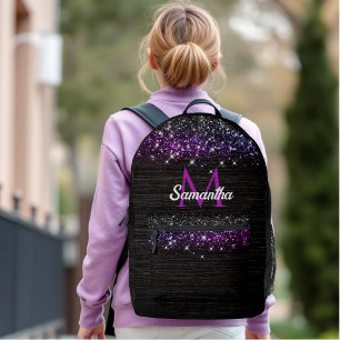 Cute purple black faux glitter monogram printed backpack