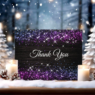 Cute purple black faux glitter thank you card