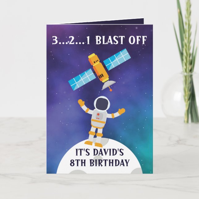 Cute Purple Blue Astronaut Satellite 8th Birthday Card (Front)