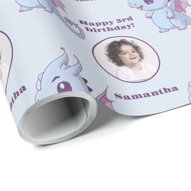 Cute Purple Blue Chibi Dragon Custom Photo Text Wrapping Paper (Roll Corner)