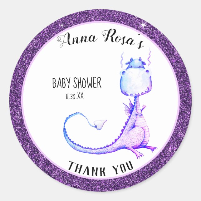 * Cute Purple Blue Dragon Baby Shower Thank You Classic Round Sticker (Front)