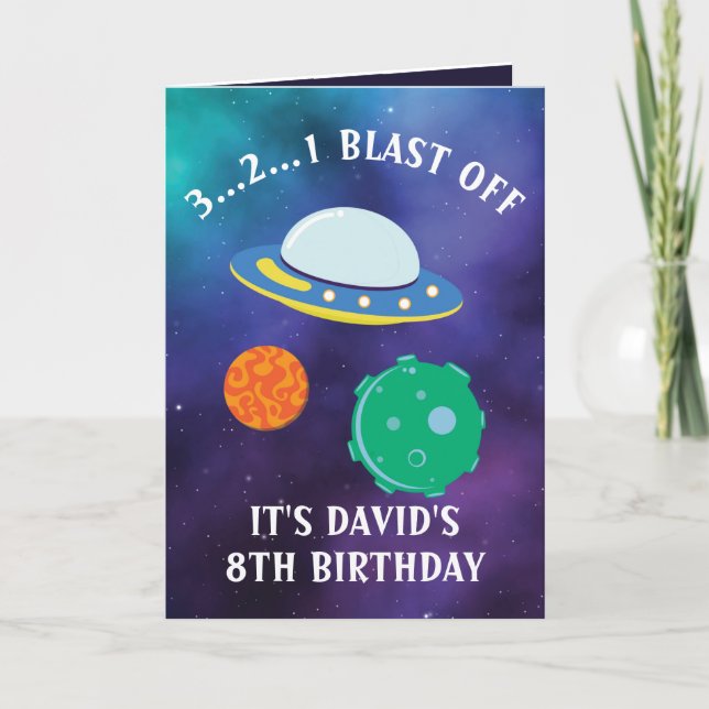 Cute Purple Blue Flying Saucer Galaxy 8th Birthday Card (Front)