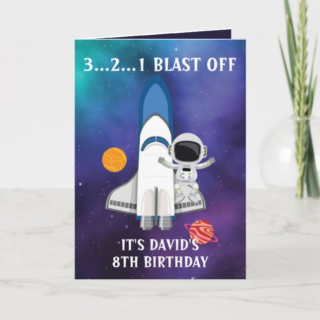 Cute Purple Blue Galaxy Astronaut 8th Birthday Card (Front)