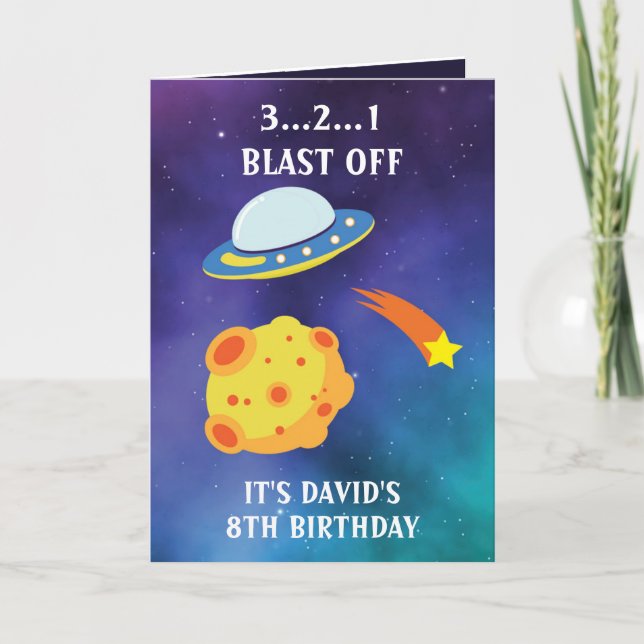 Cute Purple Blue Space Flying Saucer 8th Birthday Card (Front)