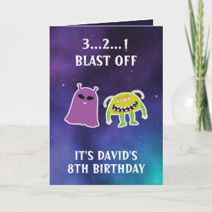 Cute Purple Blue Space Monsters 8th Birthday Card