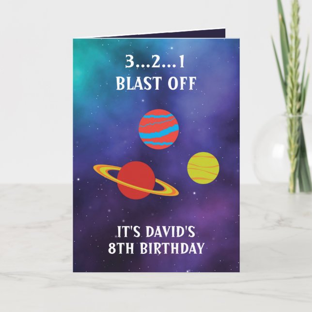 Cute Purple Blue Space Planets 8th Birthday Card (Front)