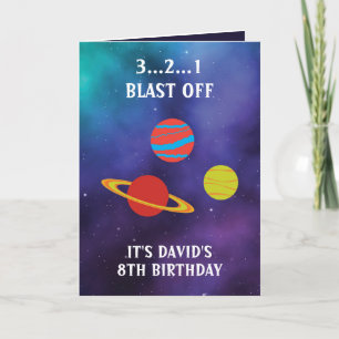 Cute Purple Blue Space Planets 8th Birthday Card