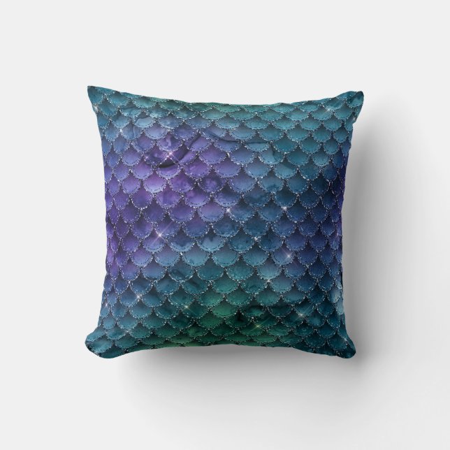 Cute Purple Blue Teal Mermaid Scales Cushion (Front)