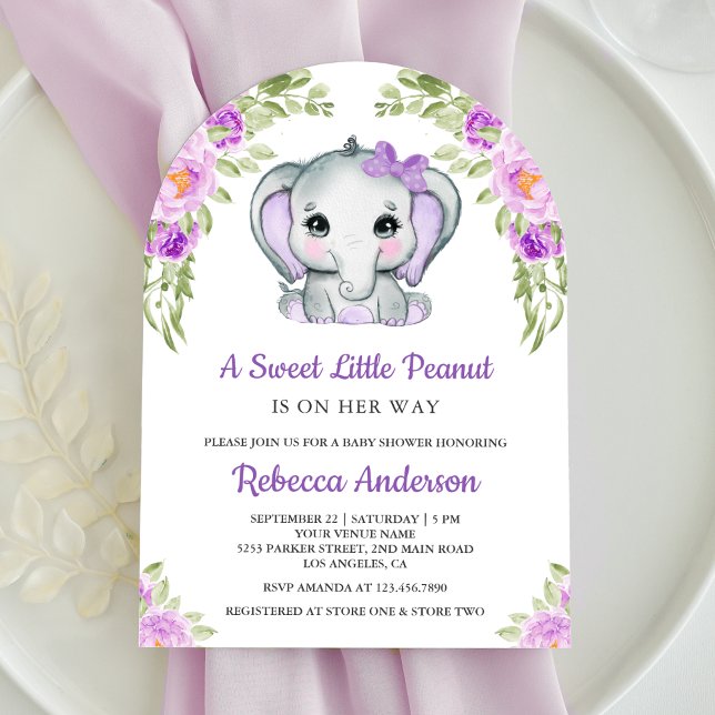 Cute Purple Bow Floral Elephant Arch Baby Shower Invitation (Creator Uploaded)