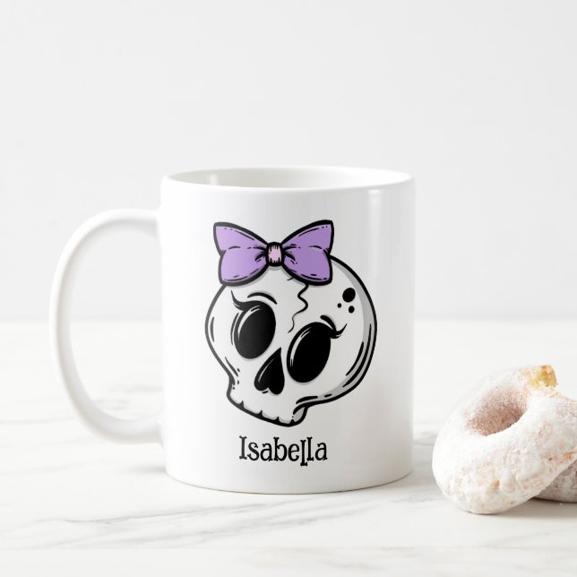 Cute Purple Bow Halloween Skull Custom Coffee Mug (With Donut)