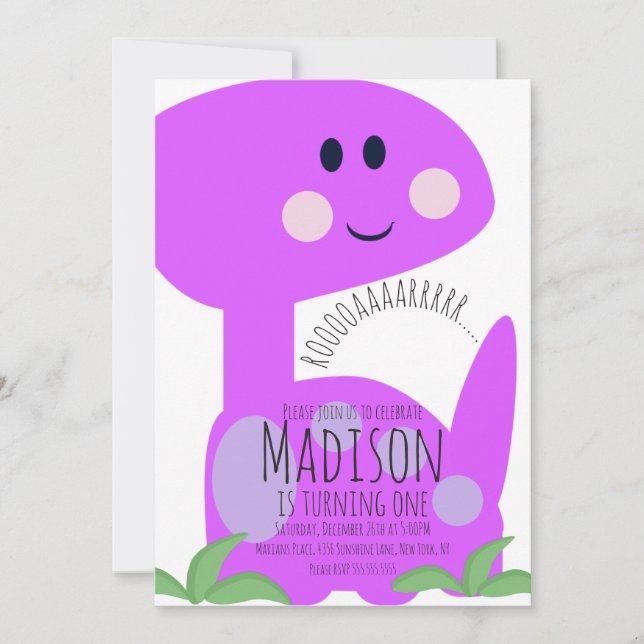 Cute Purple Bright Dinosaur Birthday Invitation (Front)