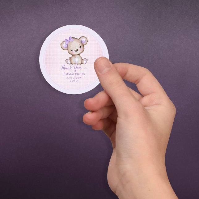 Cute Purple Brown Bear Favour Thank You Classic Round Sticker (Creator Uploaded)