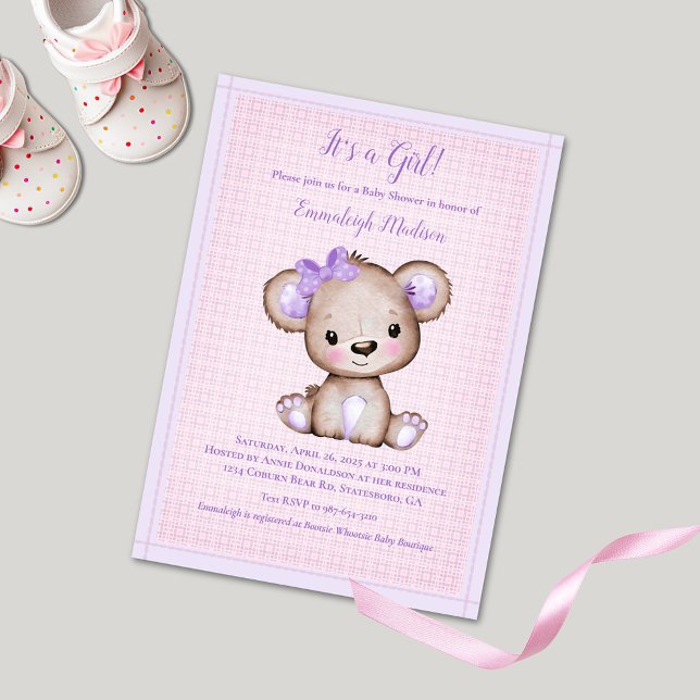 Cute Purple Brown Girl Bear Baby Shower Invitation (Creator Uploaded)