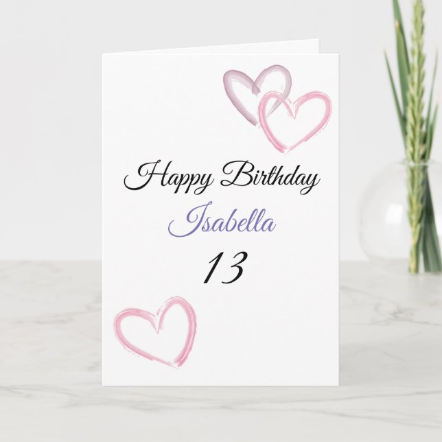 Cute Purple Brush Stroke Hearts 13th Birthday Card (Front)