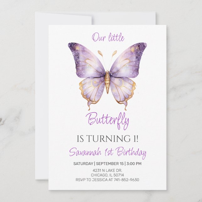 Cute Purple Butterfly Girls 1st Birthday Party Invitation (Front)