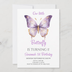 Cute Purple Butterfly Girls 1st Birthday Party Invitation