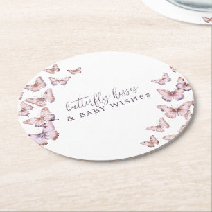 Cute Purple Butterfly Kisses & Baby Wishes Shower Round Paper Coaster