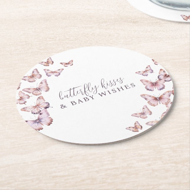 Cute Purple Butterfly Kisses & Baby Wishes Shower Round Paper Coaster (Angled)