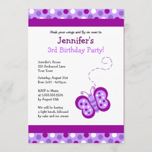 Cute Purple Butterfly & Polka Dots Birthday Invite