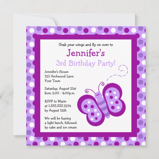 Cute Purple Butterfly & Polka Dots Birthday Invite (Front)