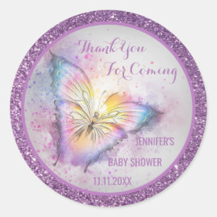 Cute Purple Butterfly Thank You Baby Shower Classic Round Sticker