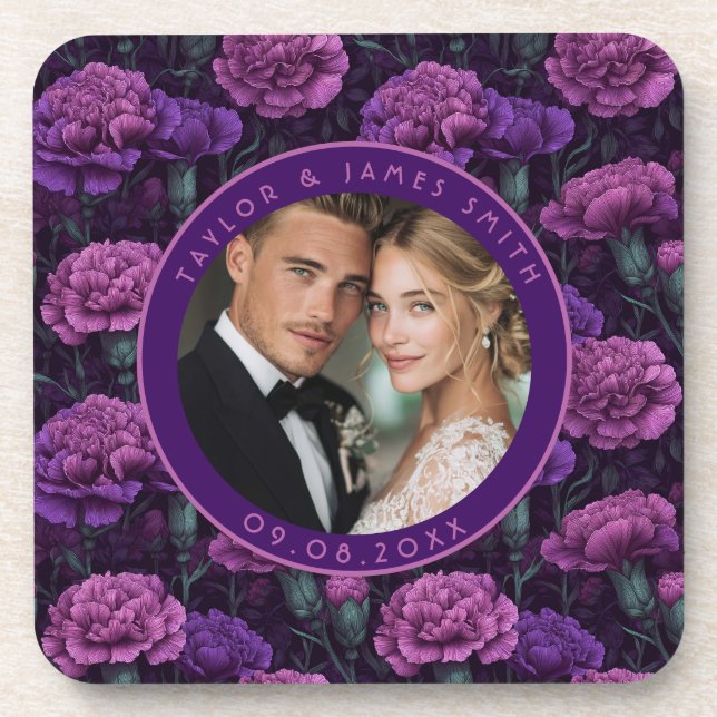 Cute Purple Carnation Minimalist Wedding Coaster (Front)