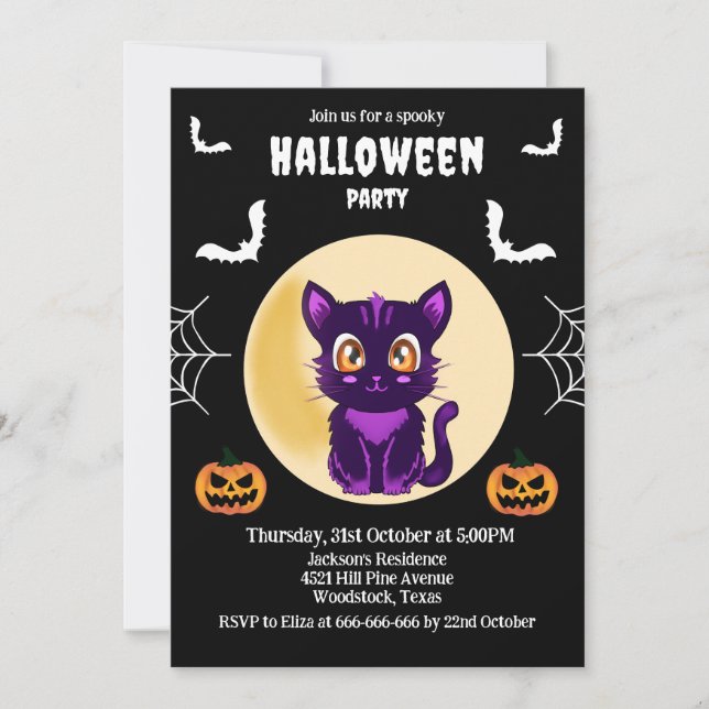 Cute Purple Cartoon cat kids halloween party Invitation (Front)