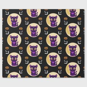 Cute Purple Cartoon cat kids halloween party Wrapping Paper