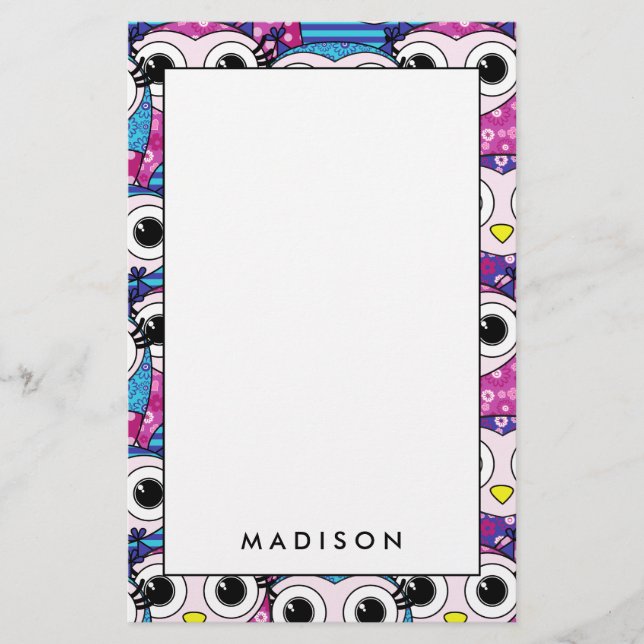 Cute purple cartoon owls seamless pattern stationery (Front)