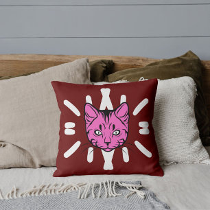 Cute Purple Cat And White Stripe On Modern Red Cushion