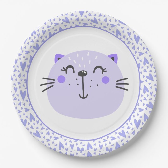 Cute Purple Cat | Baby Shower Paper Plates (Front)