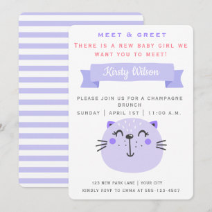 Cute Purple Cat   Meet & Greet New Baby Invitation